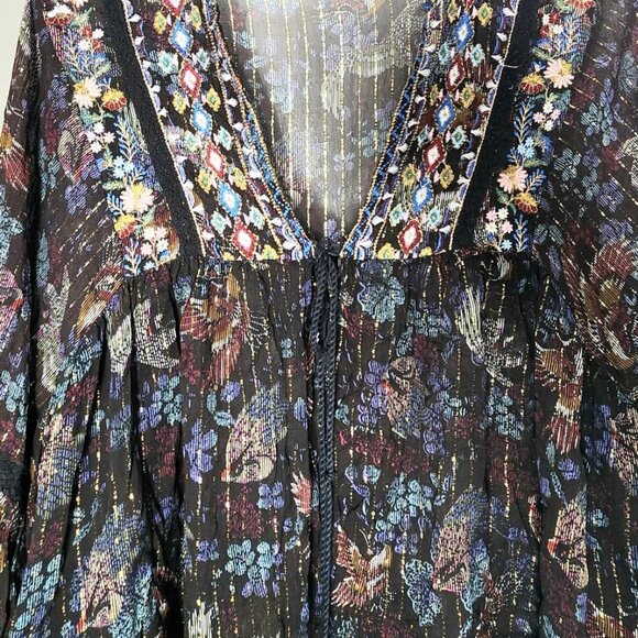 Zara Basic Boho Blouse L Black Floral Embroidered Sheer Metallic Top - Picture 2 of 8